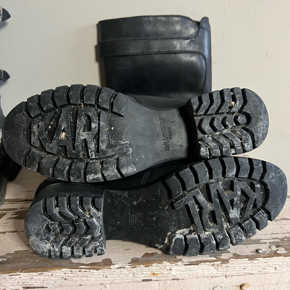 Karl Lagerfeld Black Leather Knee-High Riding Boots with Buckles - Picture 6 of 8